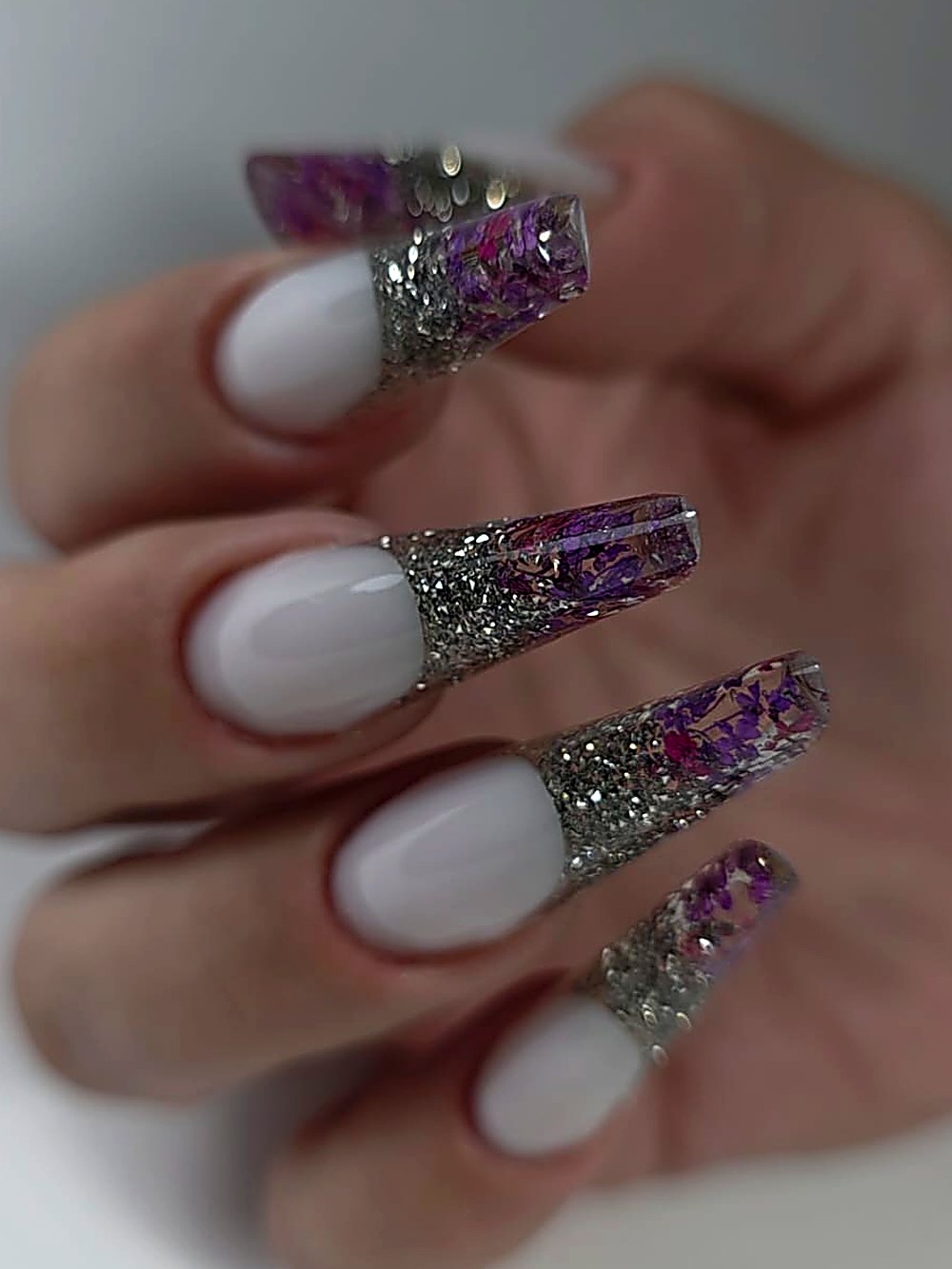 French nails with purple glitter tips