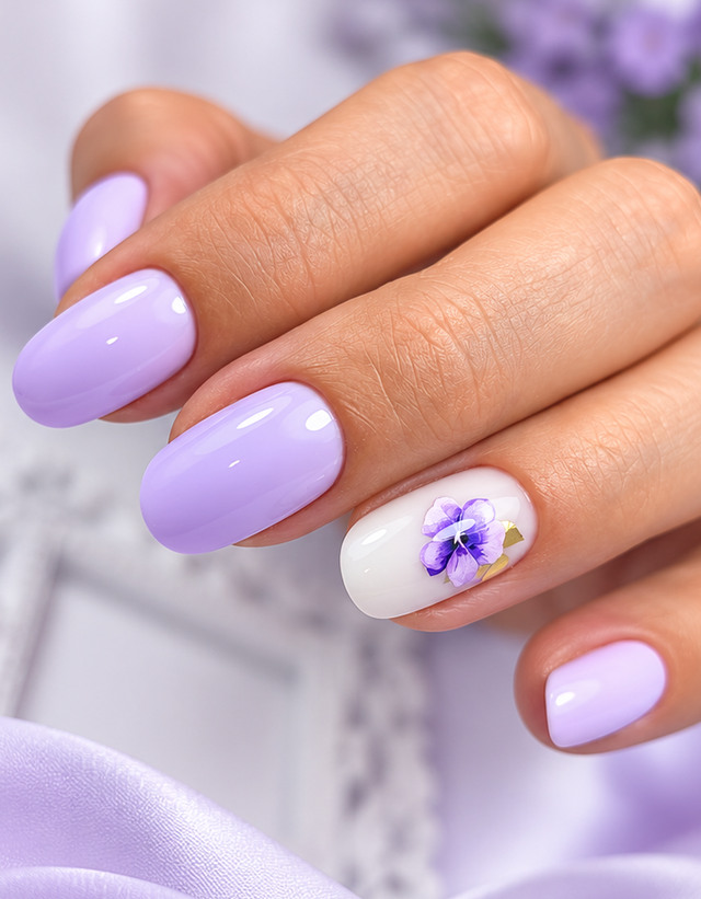 Unghii lila cu un detaliu floral mov